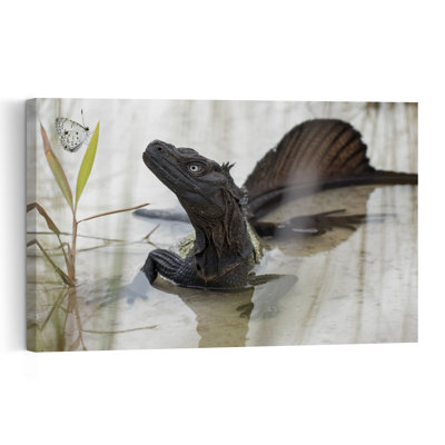 Water Dragon And Butterfly Peaceful Serene Contemporary Butterfly Lizard Nature Plant Wall Art Print 1 Piece Wrapped Canvas Wall Art