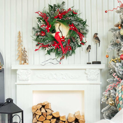 Christmas Wreath With Light Lighted Christmas Wreaths For Front Door With Pine Needles And Berries Prelit Wreath For Holiday Winter Window Outdoor Indoor Xmas