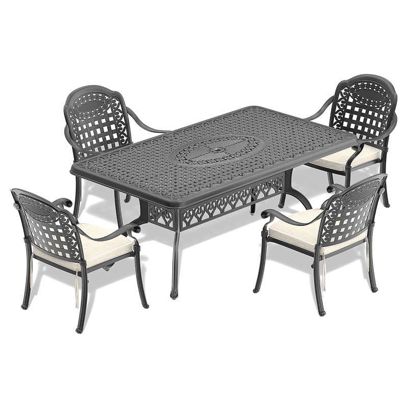L'ensemble de salle à manger en fonte d'aluminium toutes saisons comprend des chaises pivotantes, des chaises de salle à manger et une table rectangulaire