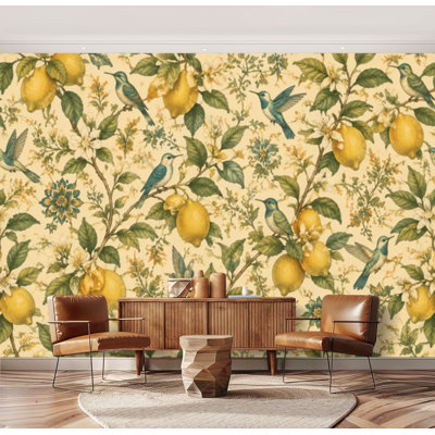 Wall Mural Peel and Stick Hummingbirds lemon floral leaf tropical Citrus branches bird vintage Large Wallpaper Self-Adhesive Removable Contact Paper Wall Decor for Living Room Bedroom Nursery 69"H x 96"W
