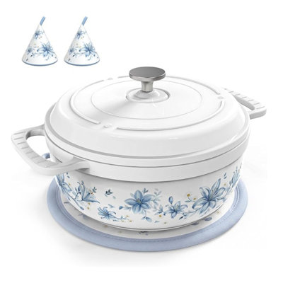 Cocotte en fonte émaillée à motif floral de 7,5 litres avec maniques et dessous de plat pour braiser, mijoter, rôtir et cuire au four