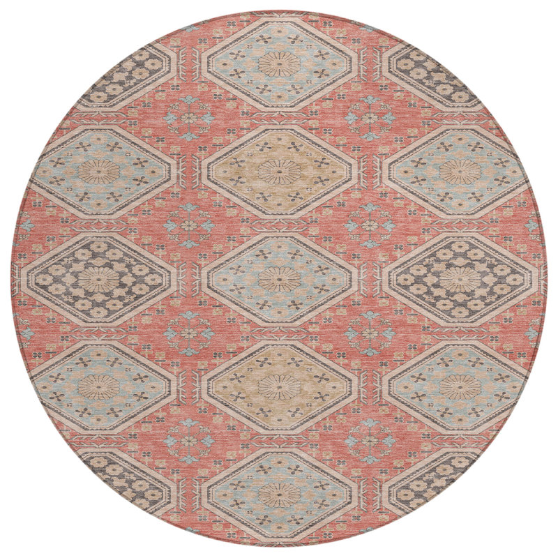 Tapis d'intérieur rond lavable floral 8 pi saumon et beige