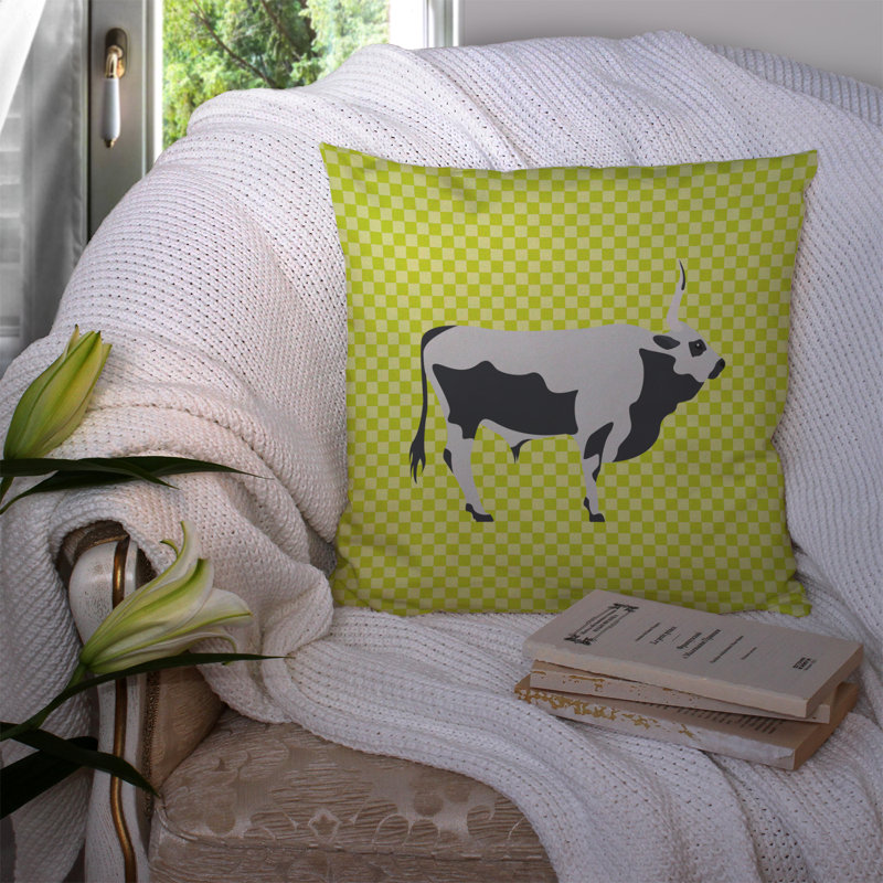 Steppe Cow Check Outdoor Throw Pillow, Green, 14" x 14"
