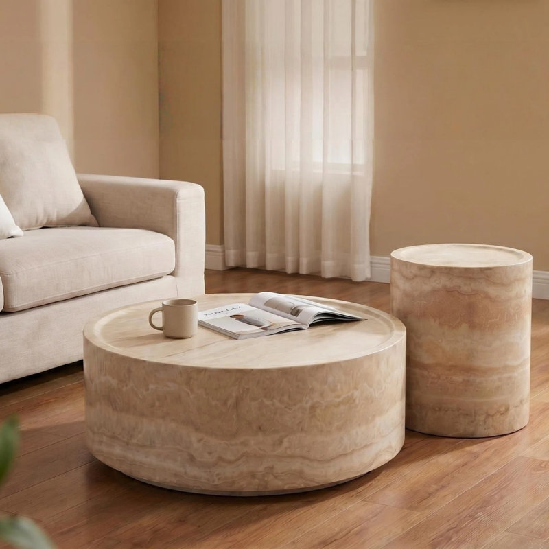 31.5'' Round Fiberglass Coffee Table, Modern Marble Pattern Center Table for Living Room, 12" H x 31.5" L x 31.5" W