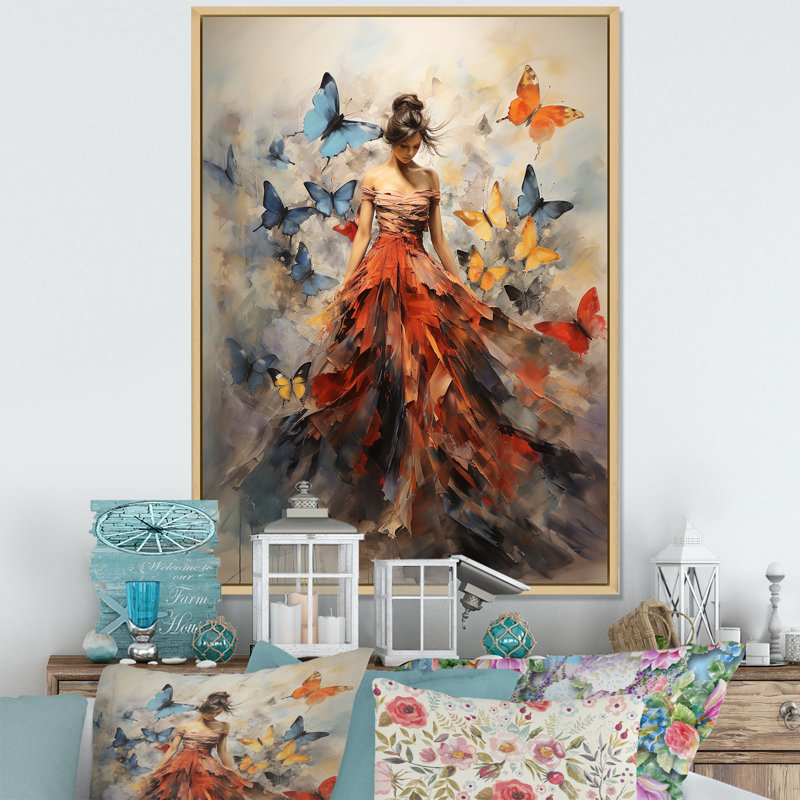 Papillon et femme dansant I - art mural papillon, H 32 po x l 24 po, Reproduction avec cadre flottant, Érable