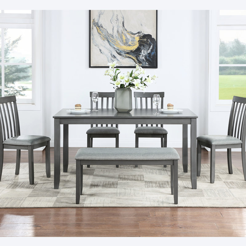 6 chaises de salle à manger rectangulaires en bois avec chaises rembourrées et banc, gris, surface de l'eau, espace design dans la chaise de bar, placage huilé, sièges en lin confortables
