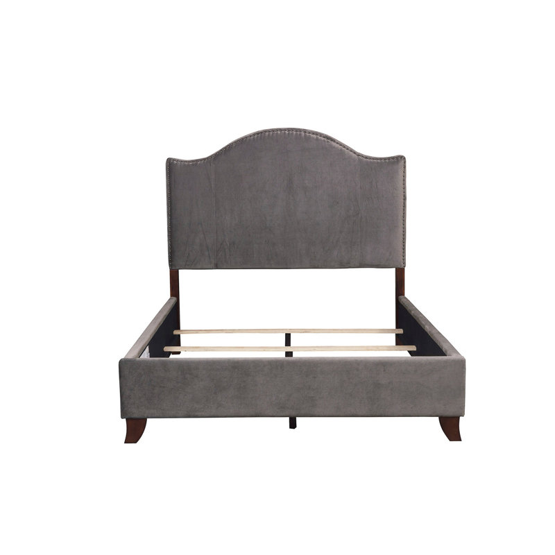 Lit double avec revêtement en velours gris, structure en bois massif, tête de lit et garniture cloutée, sommier tapissier requis pour une utilisation moderne et traditionnel