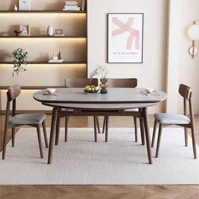 Merrill 4 - Person Gray + Nut-brown Round Sintered Stone + Solid Wood Dining Table Set