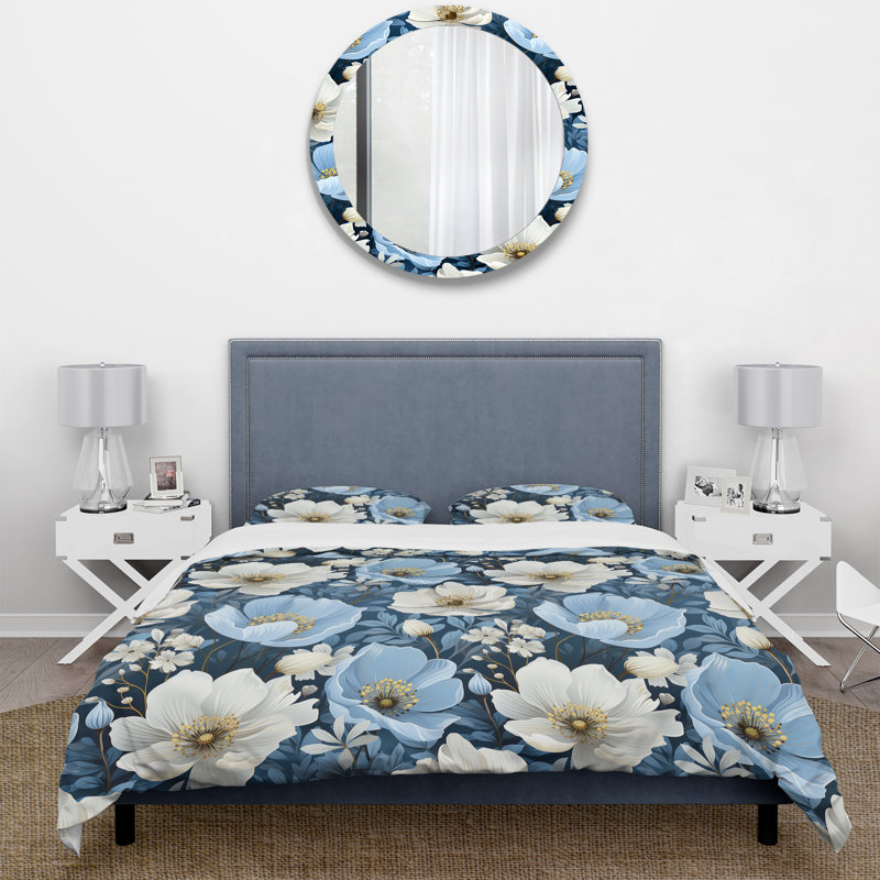 Ensemble de housse de couette floral blanc et bleu Meadow Serenity - microfibre de polyester