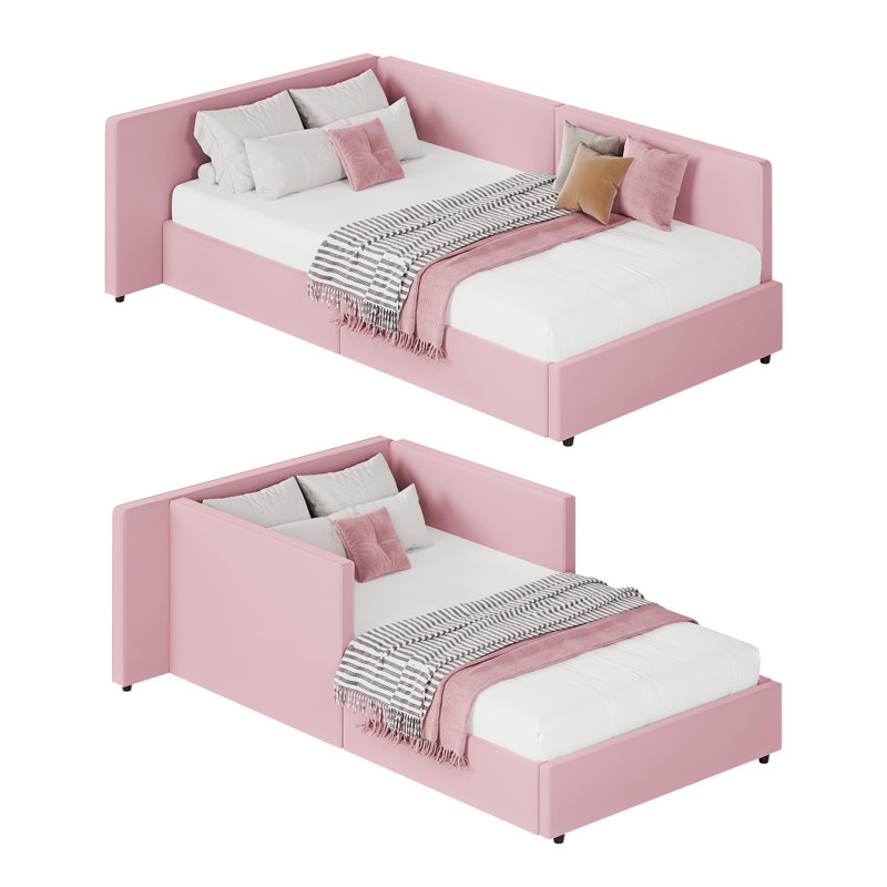 Lit double en velours avec tête de lit allongée, barrières de sécurité, 2 configurations et capacité de charge de 363 kg