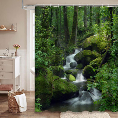 Forest Water Falls Rocks Fall Water Stream River Tree Rain Spring Rock Landscape Shower Curtain with 12 Hooks