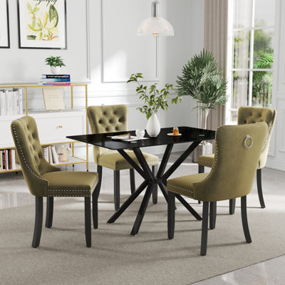 Modern Rectangle Tempered Glass Pedestal Dining Set with Velvet Tufted Dininig Chair