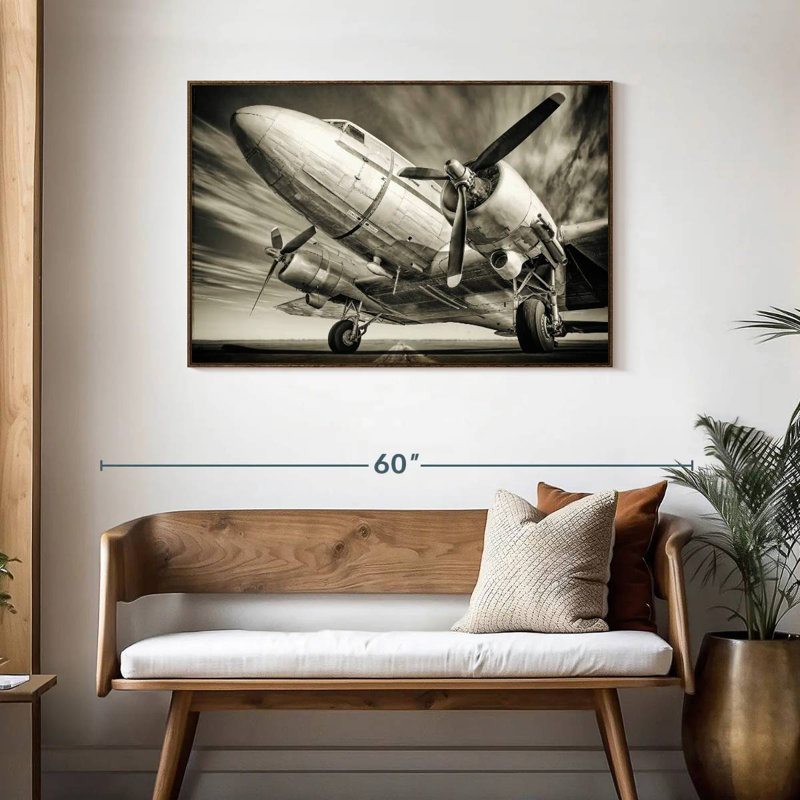Avion rétro monochrome, Cadre flottant noyer, 43 po x 29 po