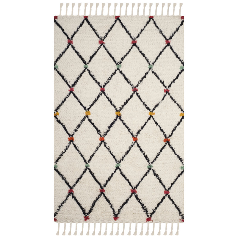 Powell Hand Tufted Nz Wool/Cotton Southwestern Rug in Ivory/Black, Rectangle 5' x 8'
