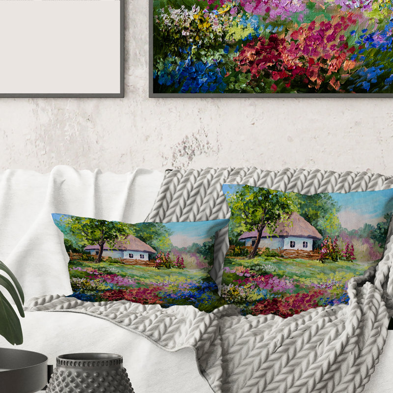 Housse de coussin carré House on the Mountain with Blossoming Flowers I, 18" x 18"