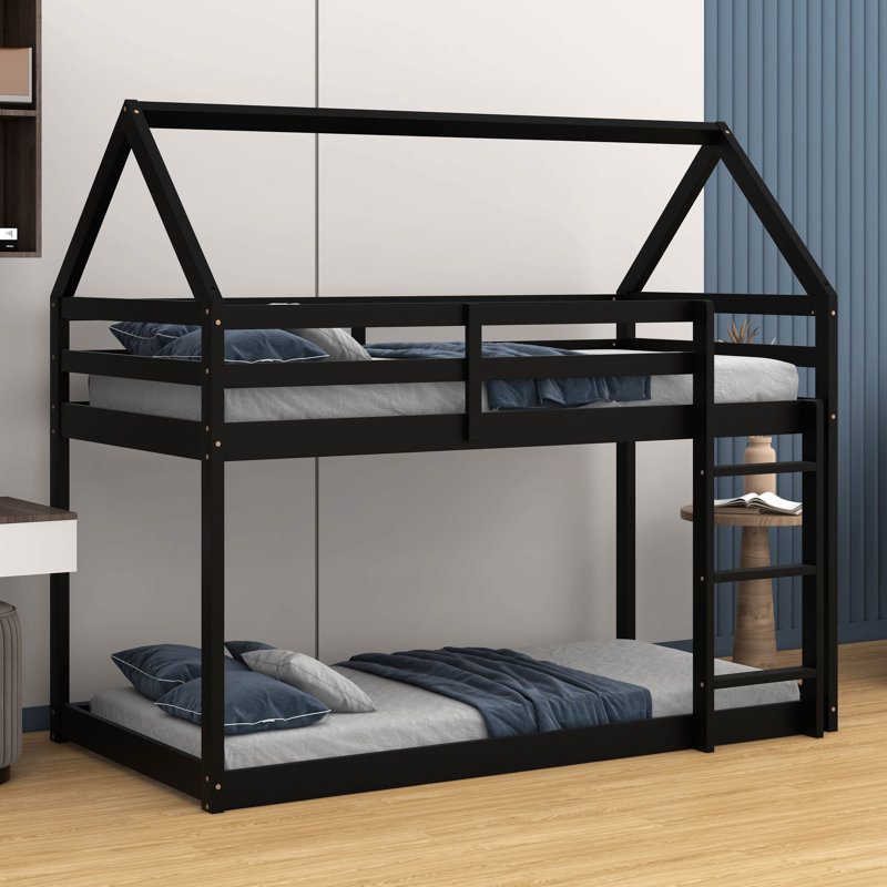 Twin Over Twin House-Shaped Rubber Wood Floor Bunk Bed – Ladder & Guardrails Included, Black
