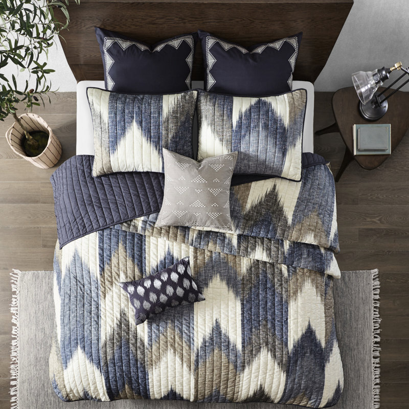 Courtepointe bleu marine / très grand bleu marine - 3 pièces en coton, imprimé cassé, 2 taies décoratives assorties avec passepoil et détails en coton, dos uni