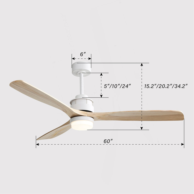 Ventilateur de plafond moderne de 60 pouces avec télécommande légère, 3 pales en bois massif, convient pour l'intérieur et l'extérieur