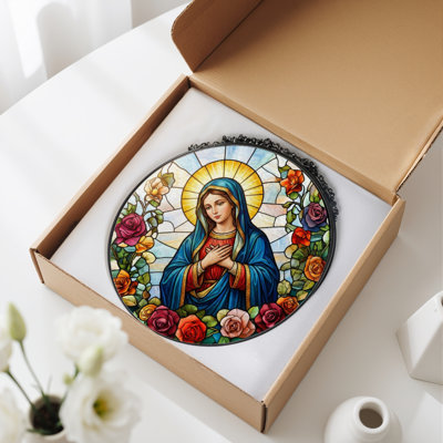 Virgin Mary Stained Glass Window Panel，12"H