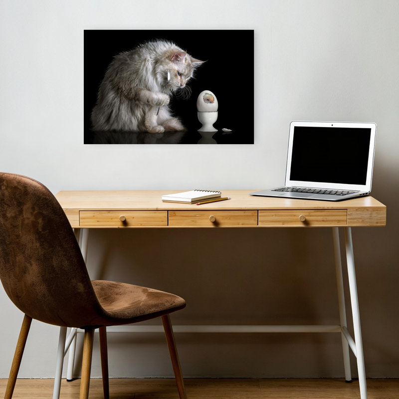 Surprise du déjeuner du chat - Affiche murale contemporaine surréaliste avec un chat, H 12 po x l 18 po