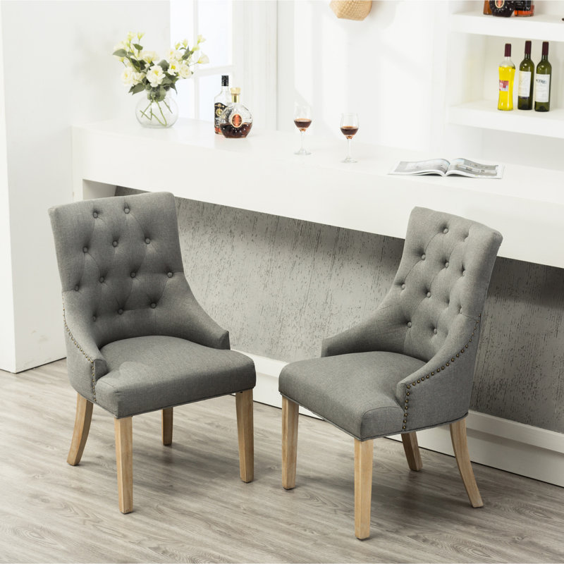 Ensemble de 2 chaises d'appoint à oreilles en bois massif à boutons gris - exquise avec têtes de clous et 2 garnitures, Gris