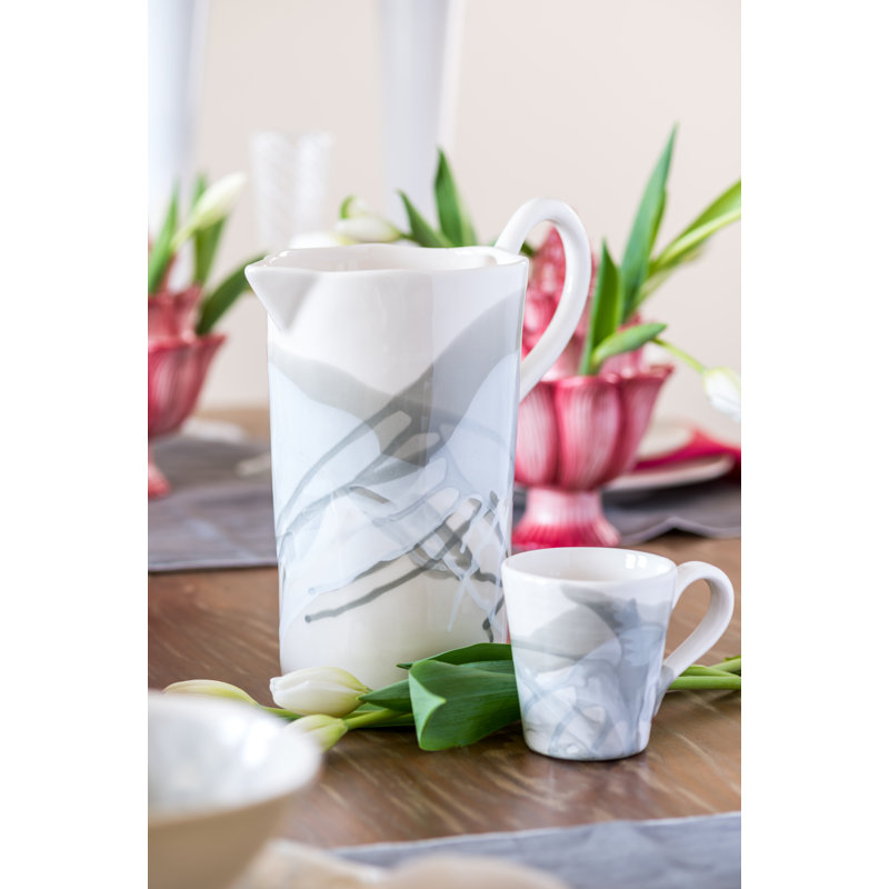 Hand-Painted White and Gray Ceramic Beverage Mugs, Set of 4