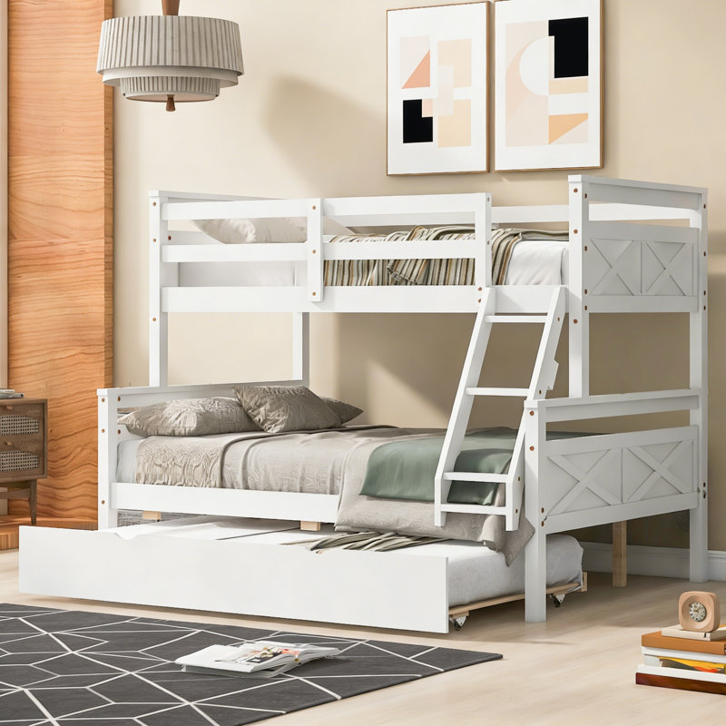 Twin Over Full Bunk Bed With Ladder, Twin Size Trundle, Safety Guardrail, White