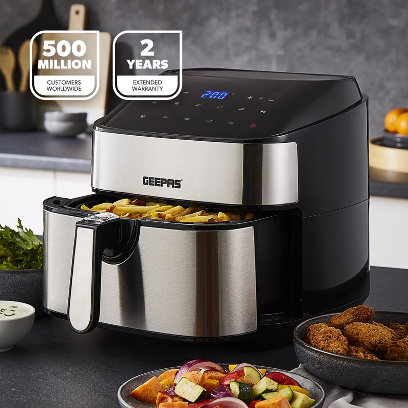 GEEPAS 1.7L Illuminating Electric Kettle 2 Slice Bread Toaster & 7.5L Air Fryer Combo Kitchen Set 2200W Stainless Steel Cordless Jug Kettle 1000W Toaster