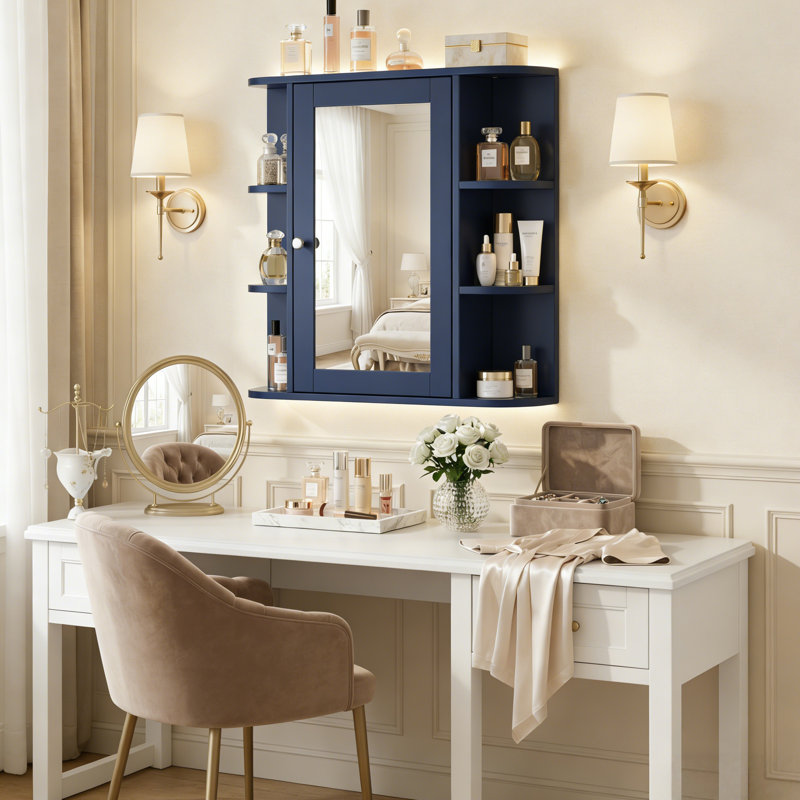 Bathroom Wall Storage Cabinet With Mirror, Medicine Cabinet With Adjustable Wood Shelf & Doors, Mounted Storage Cabinets With 6 Open Shelves, Blue
