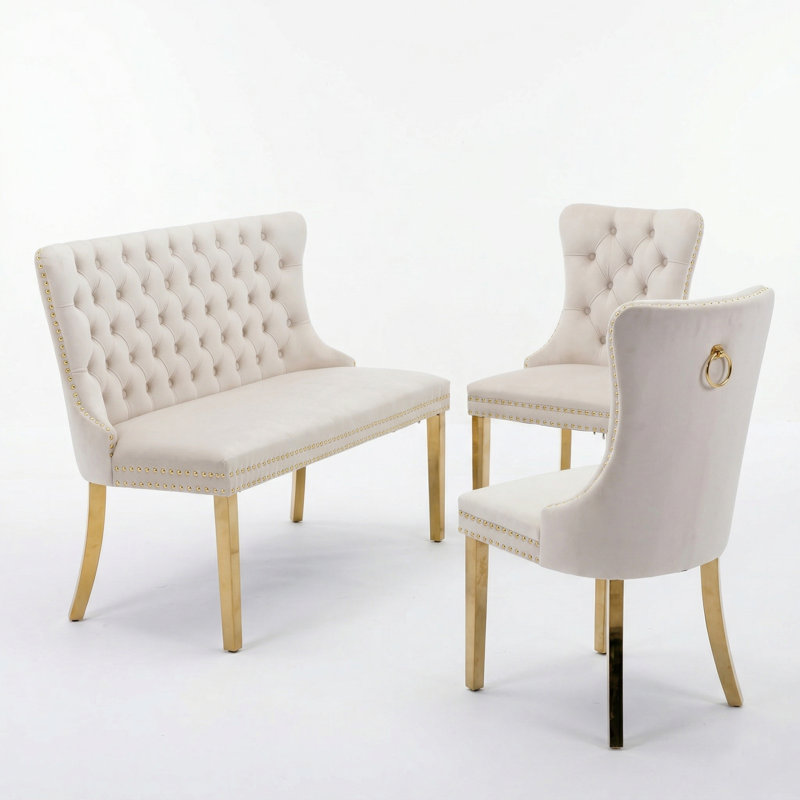 3-piece Breakfast Nook Seating Set With Tufted Bench And Upholstered Dining Chairs, Gold, Beige , Gold