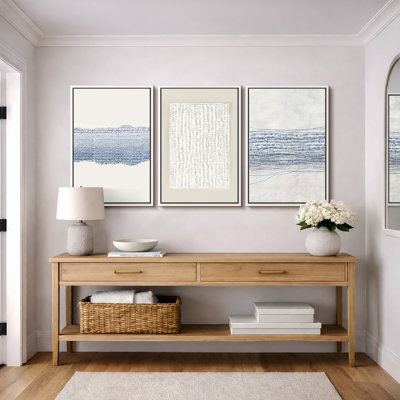 Geometric Line "Grunge Beige Blue Abstract Artwork, Modern Neutral Minimalist Wall Pictures, Large Framed Canvas Giclee Print 3 Pieces Wall Art" 16x24x3 pcs, 24x36x3 pcs