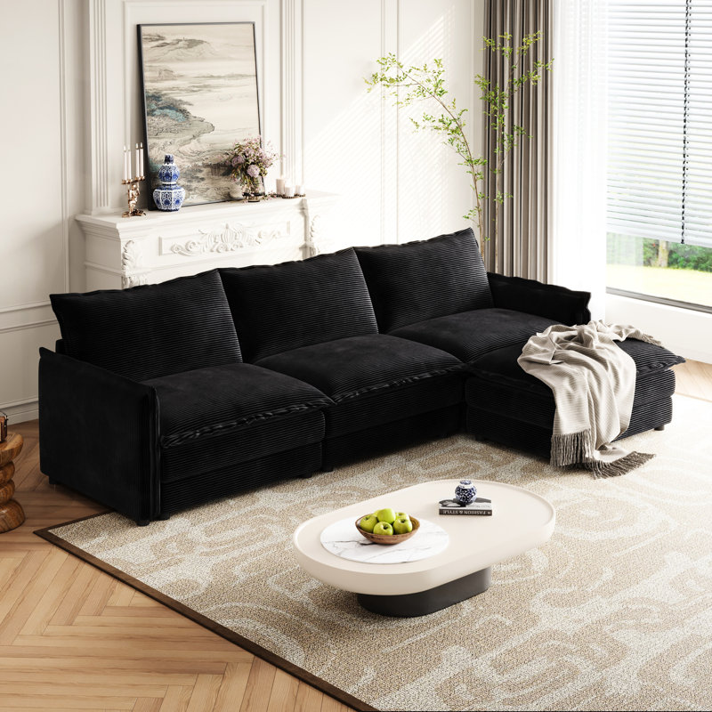 Velours côtelé surdimensionné avec assise profonde pour un repose-pieds mobile en tissu de salon, 3, Noir