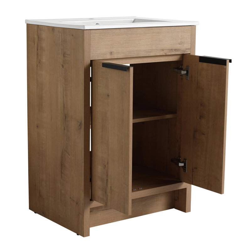 Meuble-lavabo autoportant avec lavabo et 2 portes à fermeture en douceur, meuble-lavabo pour la maison, appartement, Chêne