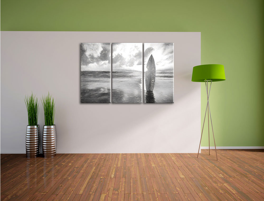 3-tlg. Leinwandbild-Set „Surfbrett am Strand bei Sonnenuntergang“, Kunstdruck