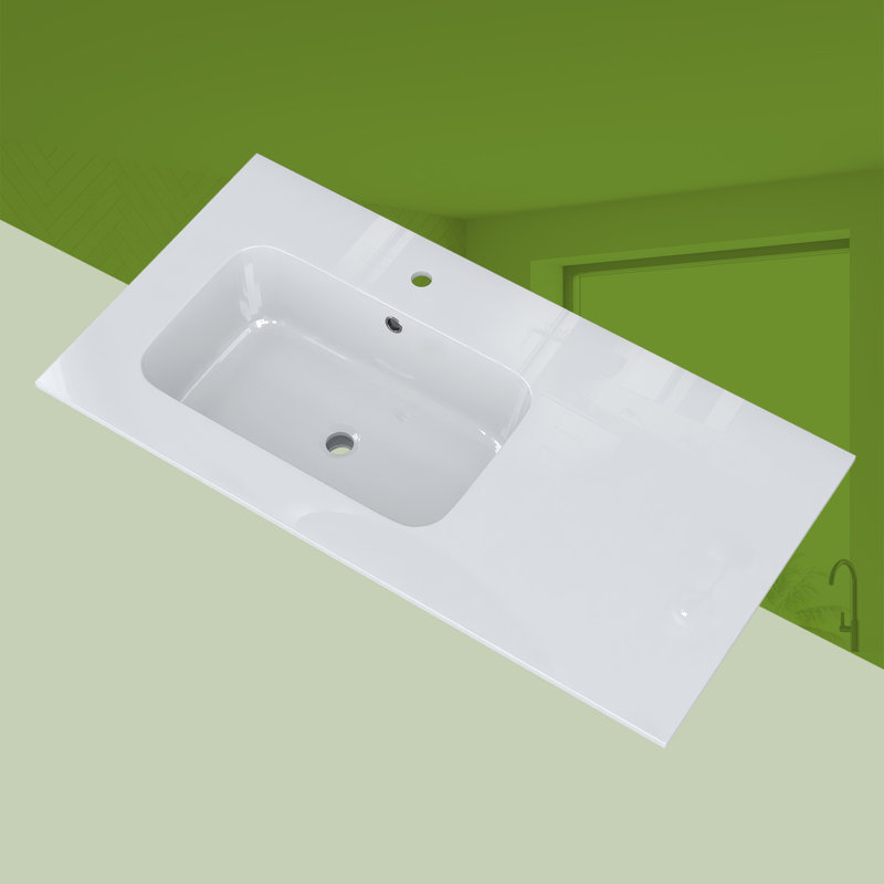 Dessus de meuble-lavabo à surface solide de 42 pouces avec lavabo intégré à gauche, comptoir mince de 0,56 po d'épaisseur, design moderne blanc éclatant, léger et facile à installer