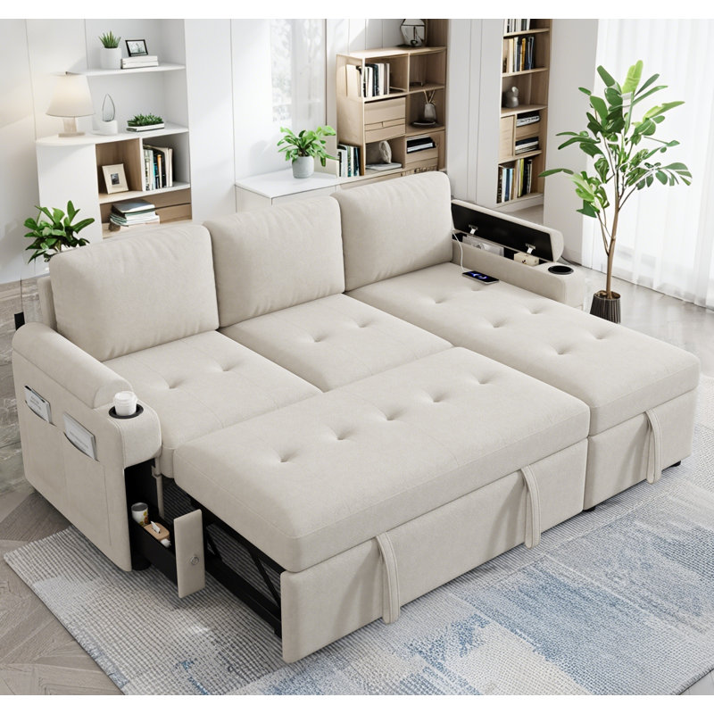 Canapé-lit en L 83,5 po avec rangement, Beige