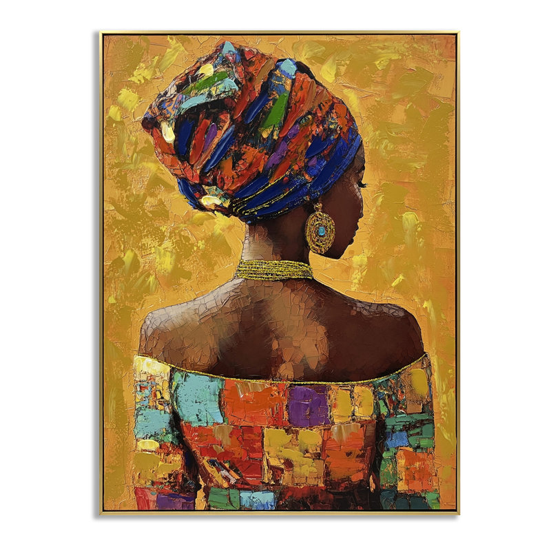 Élégante femme africaine, portrait sur toile orange - 30 po x 40 po - cadre doré