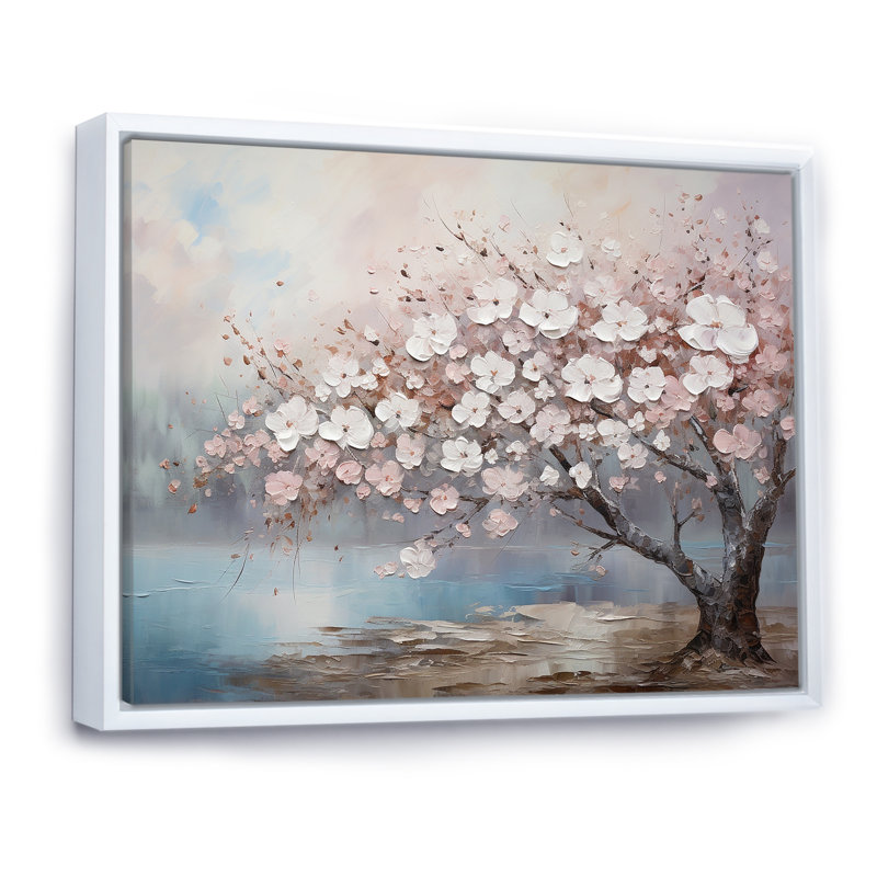 «Pink and Grey Cherry Blossom Charm I», art mural encadré de fleurs, H 24 po x l 32 po x P 1 po, Cadre flottant blanc