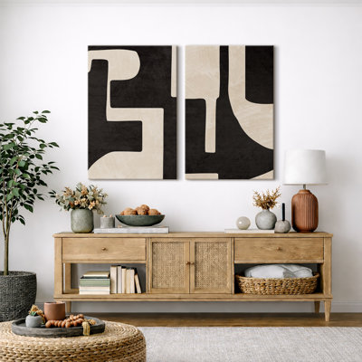Mid Century Shape Black & Cream Geometric Paint Stroke Abstract Neutral Décor Framed Canvas 2 Pieces Print Wall Art