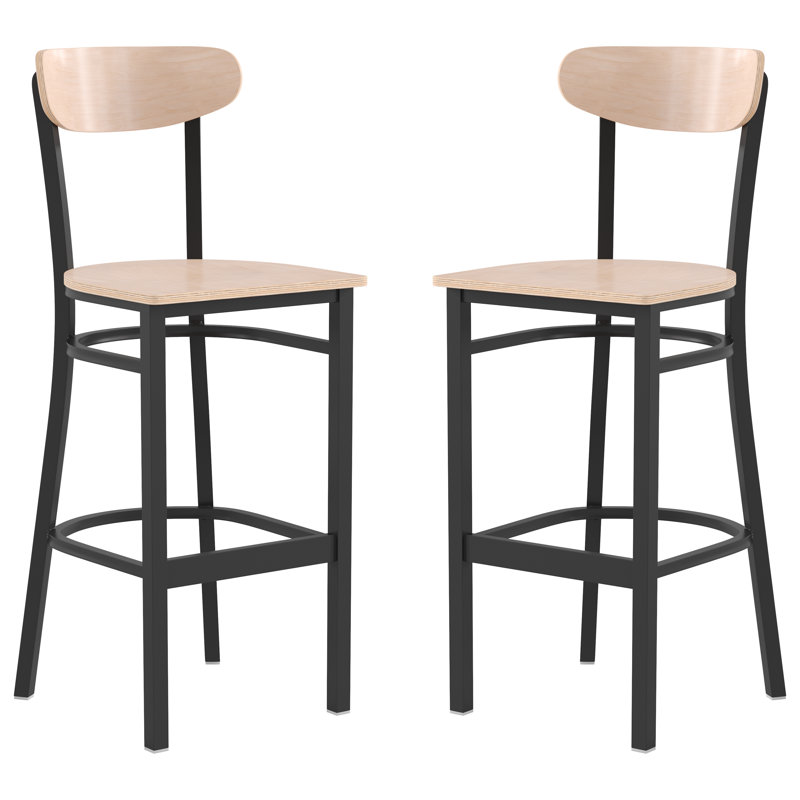 Commercial Metal Barstool with Wood Seat and Boomerang Back, Natural Birch