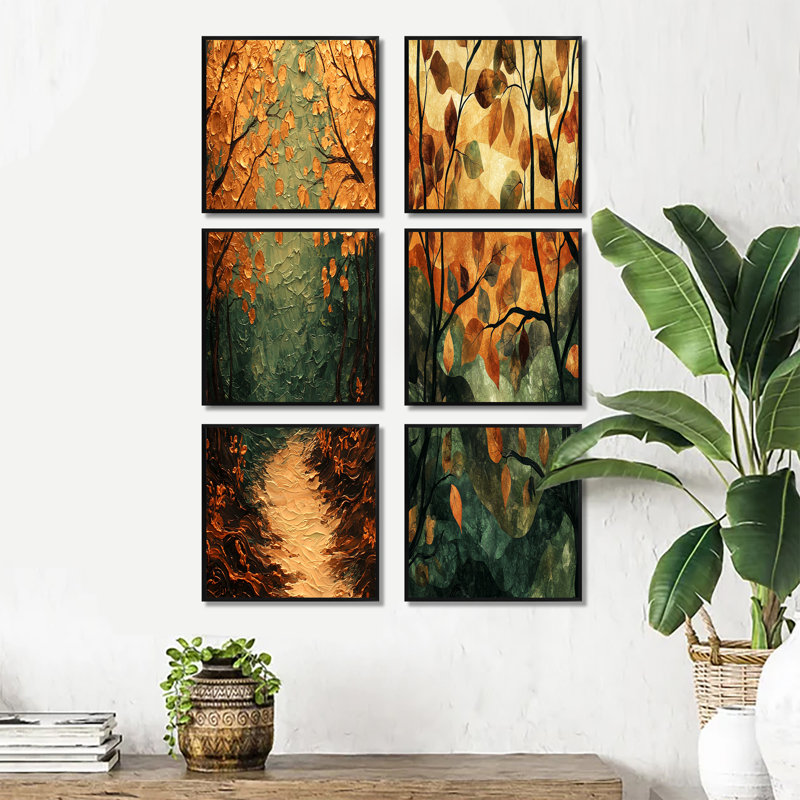 Feuilles de forêt brune tranquillité - ensemble d'art mural floral de 6, Impression encadrée sans passe-partout, Noir