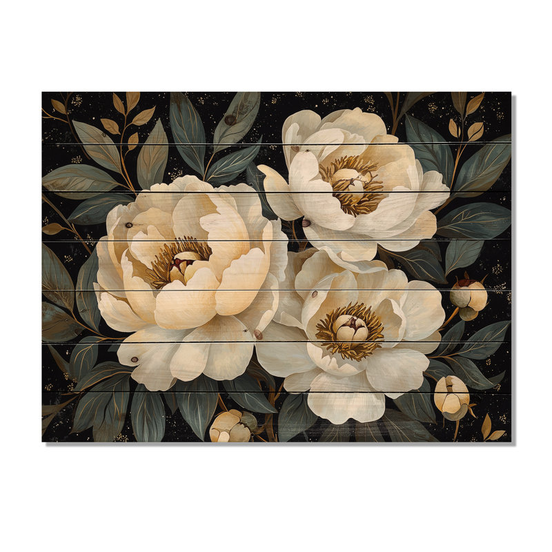 Noir noir blanc pivoines I - décoration murale en bois de pivoines - sur bois de pin naturel, H 10 po x l 20 po x P 0,78 po