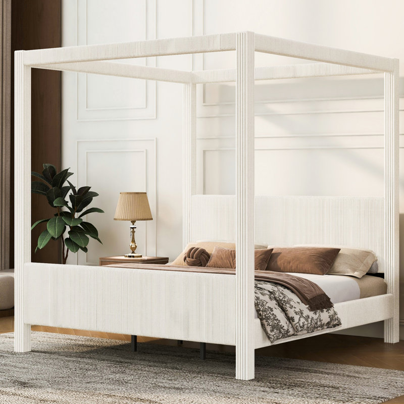 Lit à baldaquin avec tête et pied de lit, Très grand lit, Beige