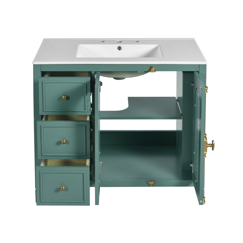 Meuble-lavabo à cadre en bois massif 36 po avec 2 portes à fermeture douce et 3 tiroirs
