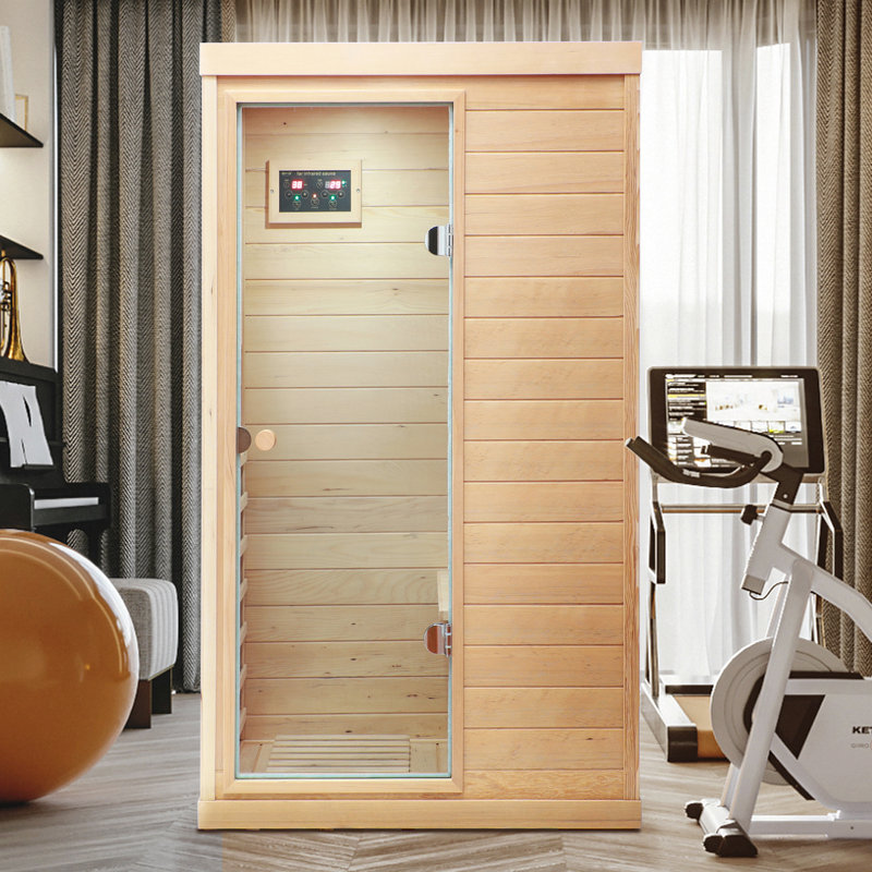 Hemlock Mini One Person Far Infrared Door On The Left Of The Indoor Sauna Room