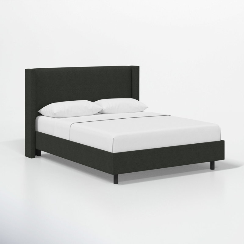 Lit plateforme tapissier à oreilles Hanson, Très grand, Lin classique noir