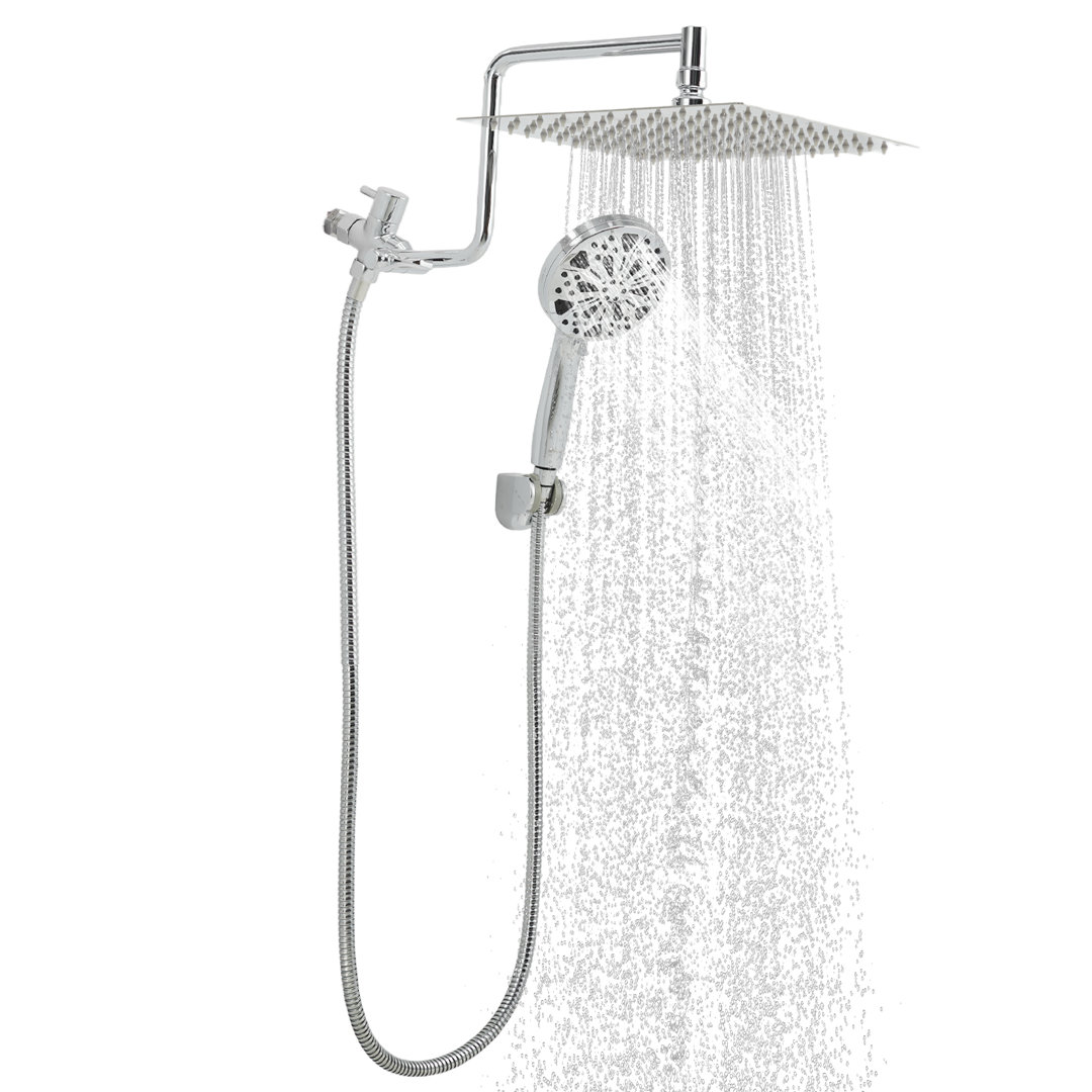 High Pressure 12" Dual Shower Head Combo – Rain Shower with Handheld, 10 Spray Modes, L-Shaped Extension Arm & Adjustable Height Rod, Chrome Finish