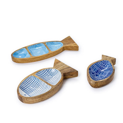 Fish Serving Tray Handcrafted Mango Wood 1.5" H Food Safe Coastal Kitchen Decor Set of 3