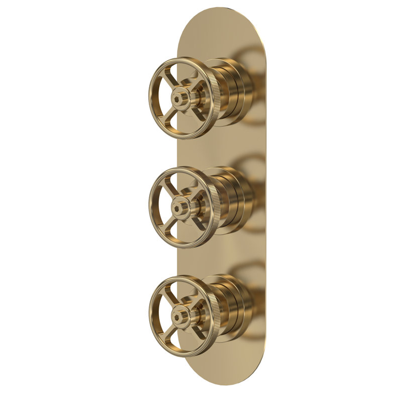 Industrial Valves Triple Concealed Shower Valve, Brushed Brass