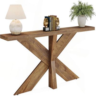 70.9" Long Farmhouse Console Table, Oak Brown Sofa Table Behind Couch With Geometric Wooden Base, Entryway Hallway Accent Table For Living Room